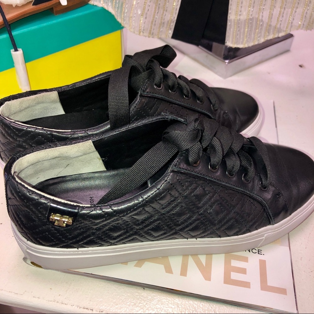 Tory Burch Black Leather Marion Quilted Sneakers - Picture 4 of 8